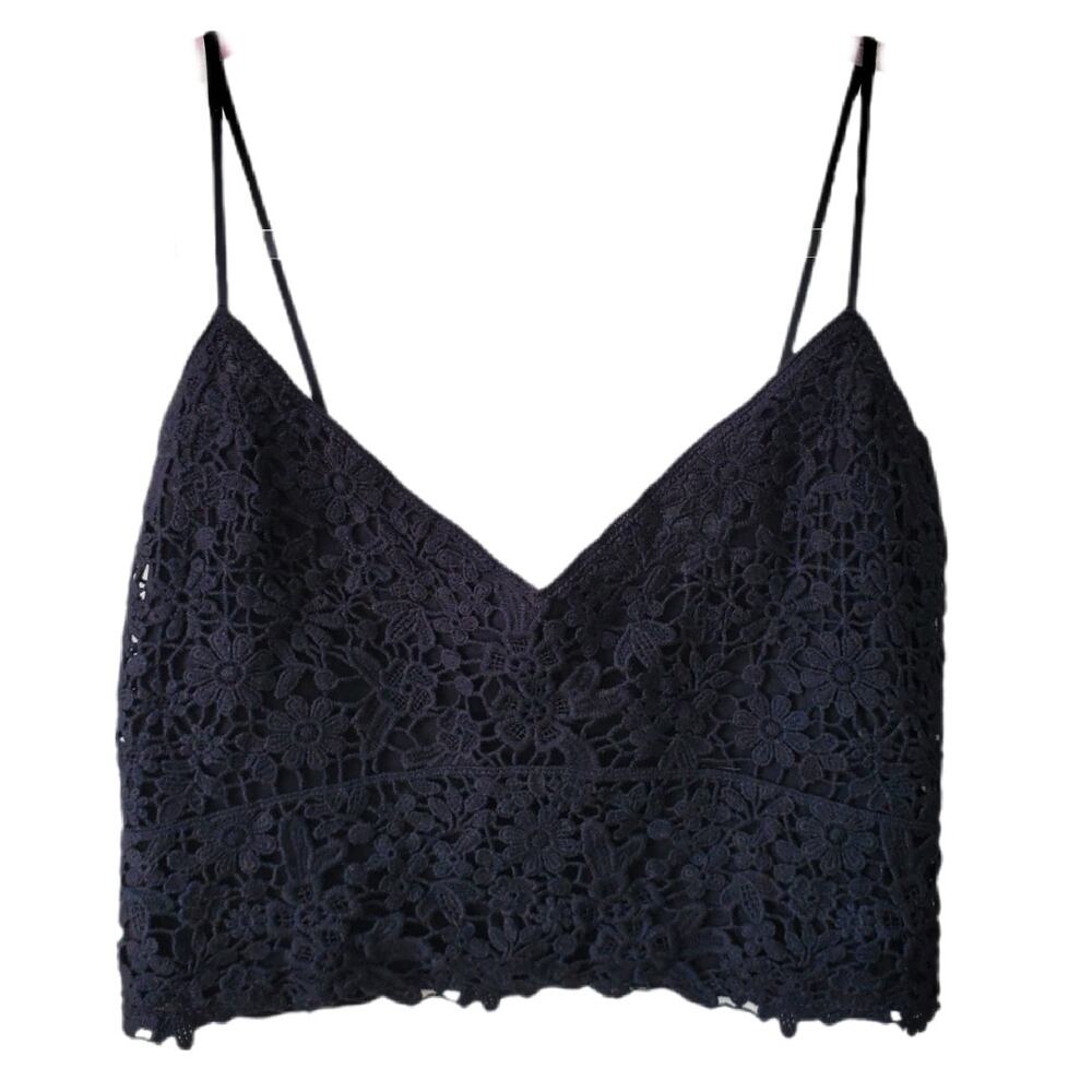 Women Black Cotton Lace Cropped Cami Top L Whimsy Dark Fairy Romance Soft Grunge